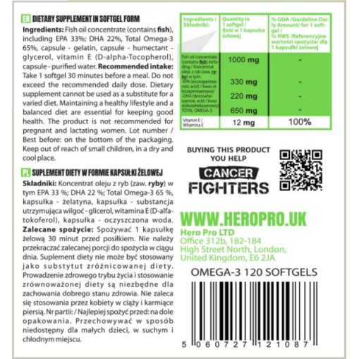 Hero.Lab Omega-3 Fish Oil 65% EPA + DHA 120 Гел капсули Hero.Lab Omega-3 Fish Oil 65% EPA + DHA 120 Гел капсули