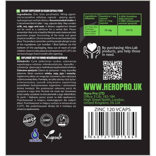 Zinc Picolinate 50 mg - Цинк пиколинат - Hero.Lab Zinc Picolinate 50 mg