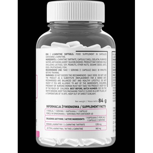 L-Carnitine 1250 mg - L-Карнитин Тартрат - OstroVit OstroVit L-Carnitine 1250 mg 60 капсули