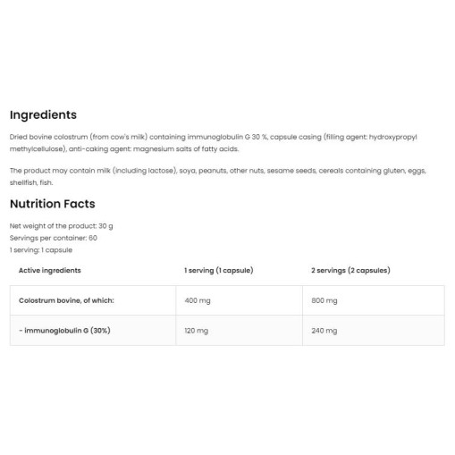 OstroVit Colostrum Bovine 400 mg | 30% Immunoglobulin G 60 капсули