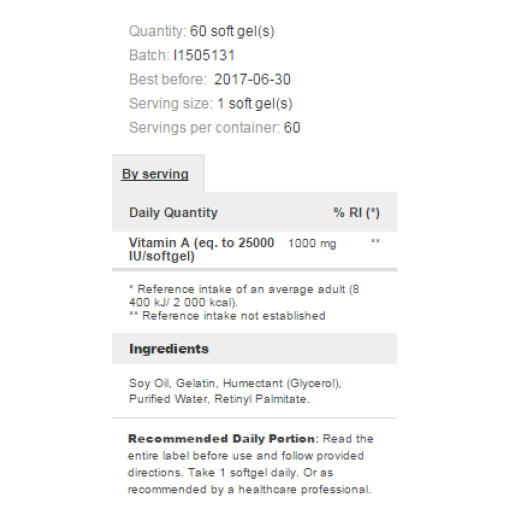 Prozis Foods Vitamin A 25000 IU - - Prozis > Prozis Foods Vitamin A 25000 IU